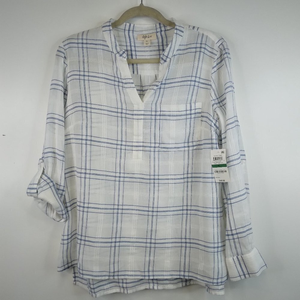 Style & Co Plaid Shirt Roll Up Sleeves Size PL. NWT